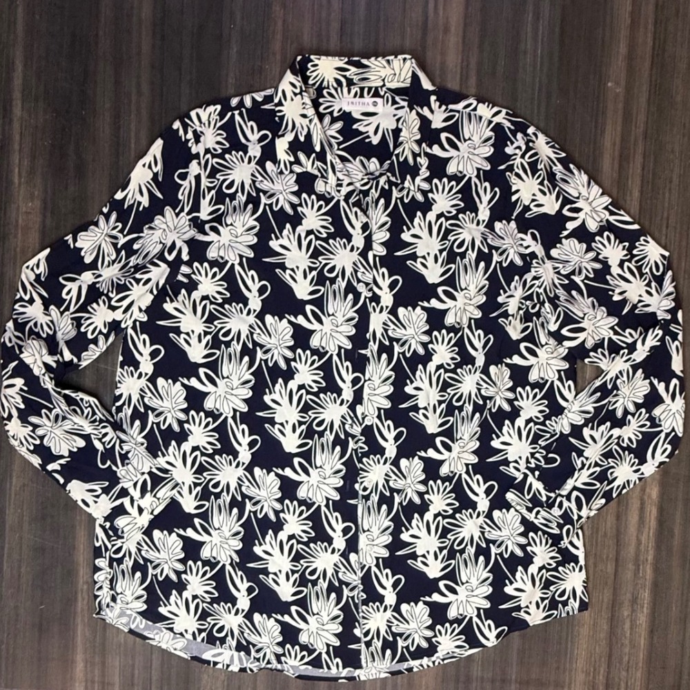 Jmitha XXL Button Down Shirt Floral Print Long Sleeve Blue White